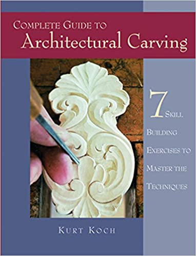 Book cover titled "Complete Guide to Architectural Carving: 7 Skill-Building Exercises to Master the Techniques" by FOX, featuring an image of a hand carving a decorative design.