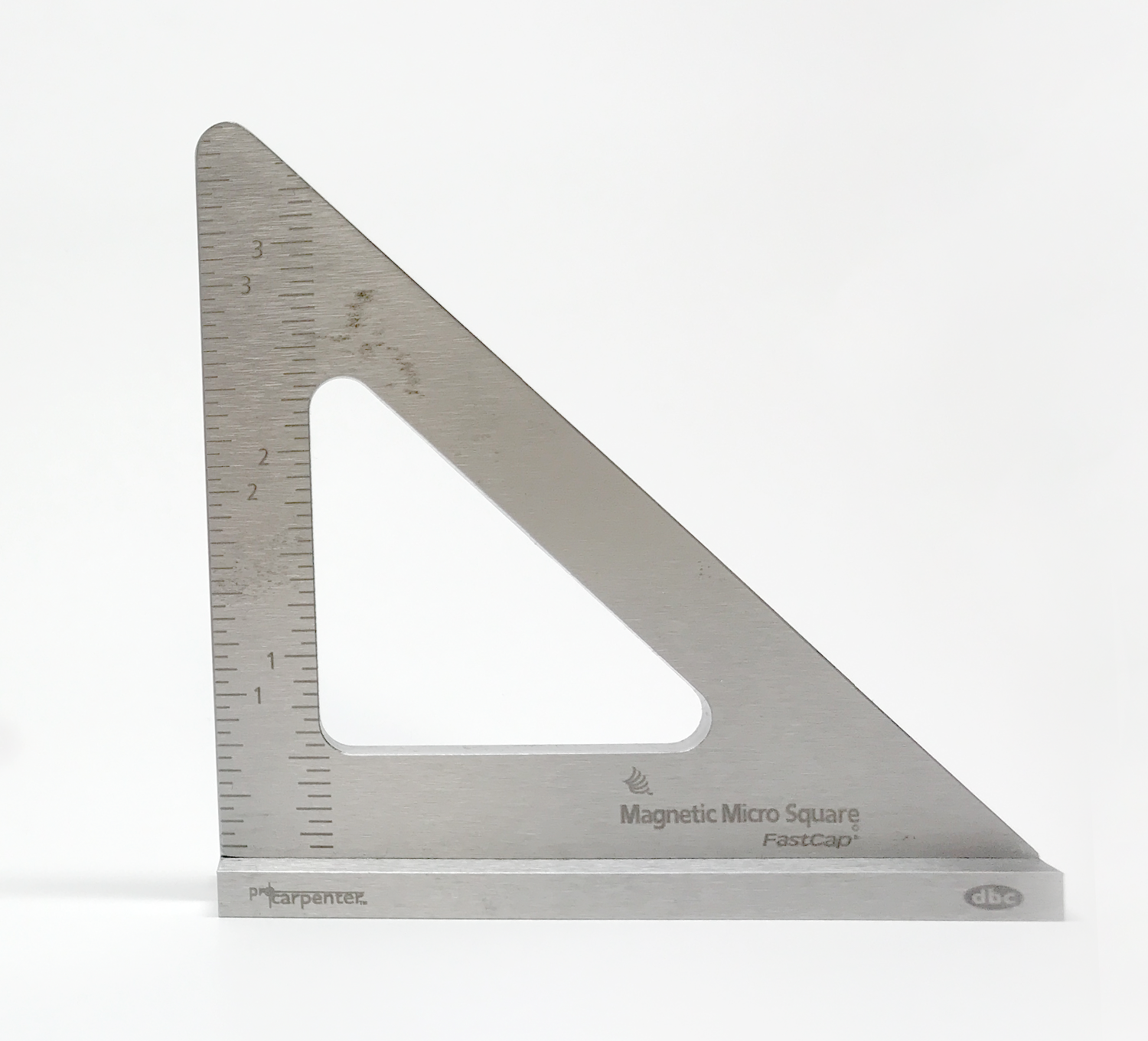 A MAG MICRO SQUARE metal triangle ruler by FTP, featuring precision layout measurements, labeled "Magnetic Micro Squares," stands upright on a white background.