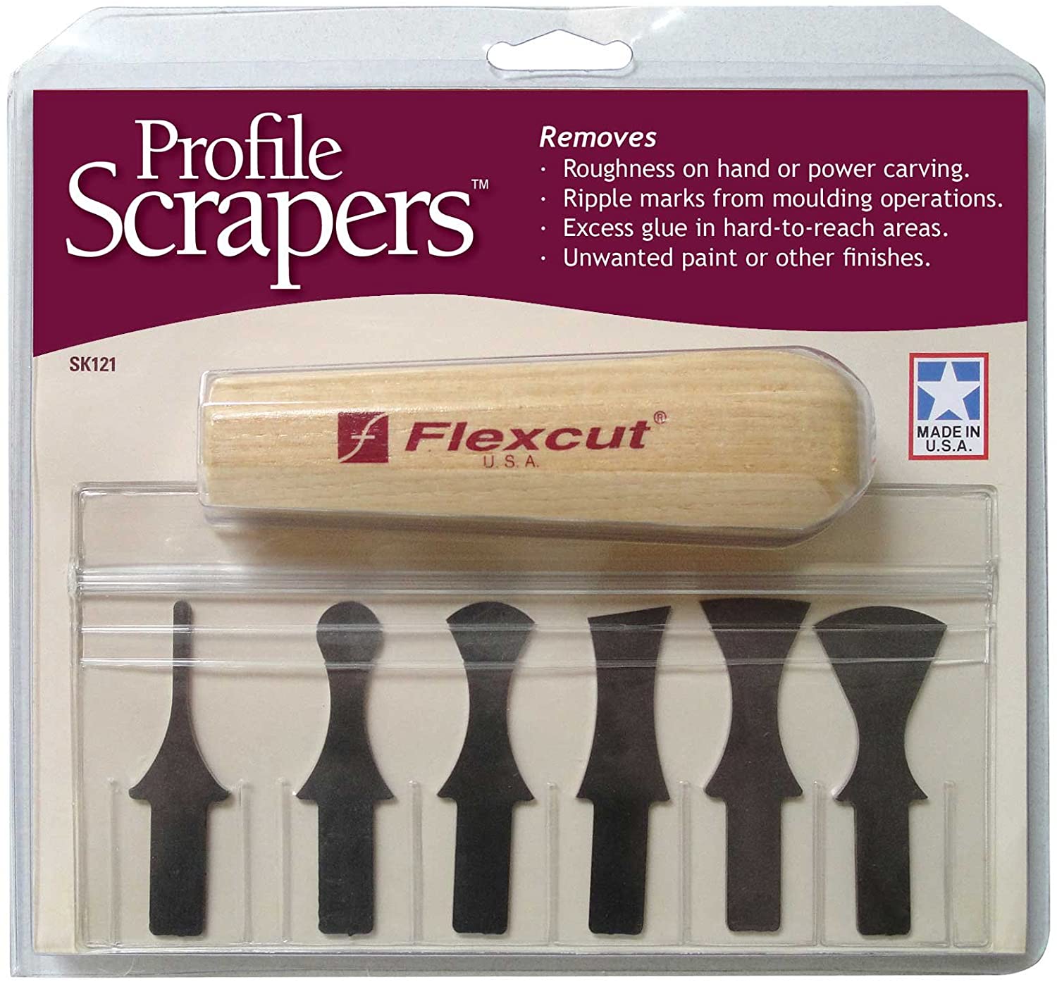 A package of FLE Profile Scrapers, ideal for woodcarving and woodworking, comes with a wooden handle and six metal cabinet scrapers specifically designed to remove roughness, excess glue, ripple marks, and unwanted paint or finishes.